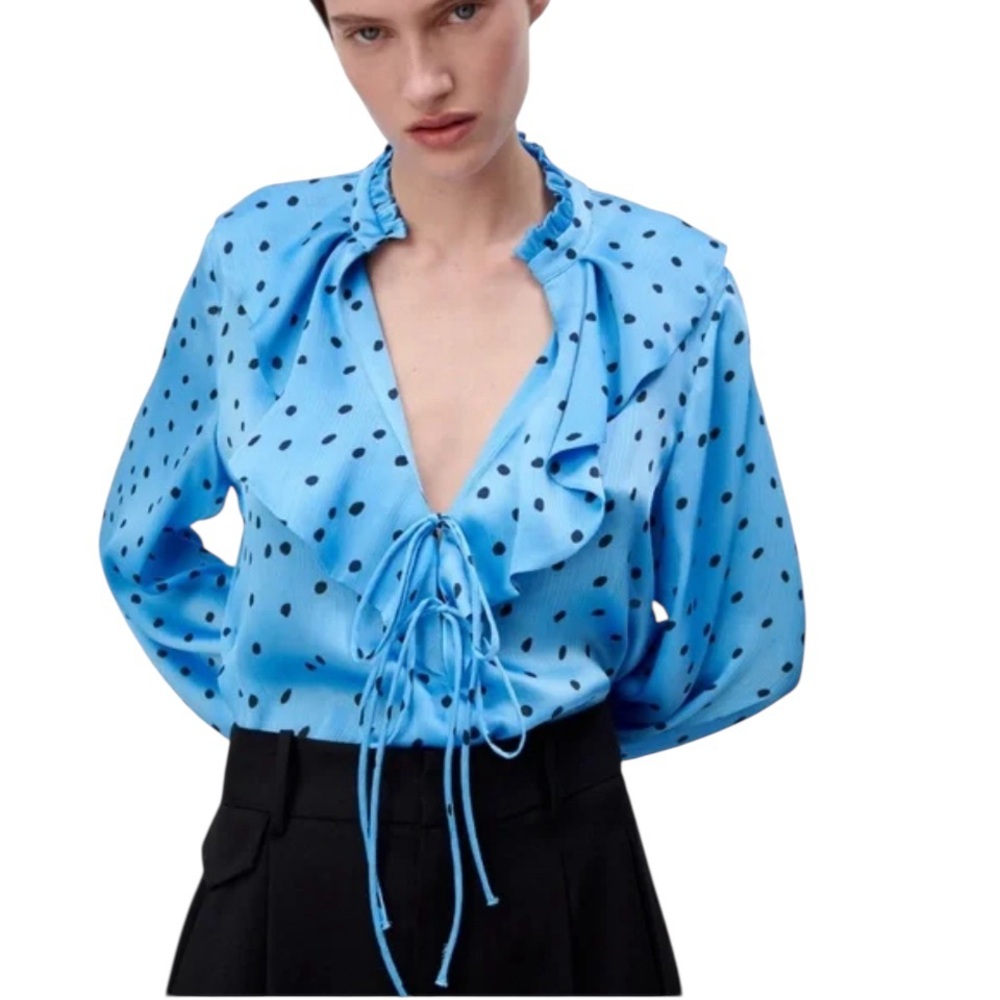 Zara Light Blue Polka Dot Ruffle Tie Front Blouse